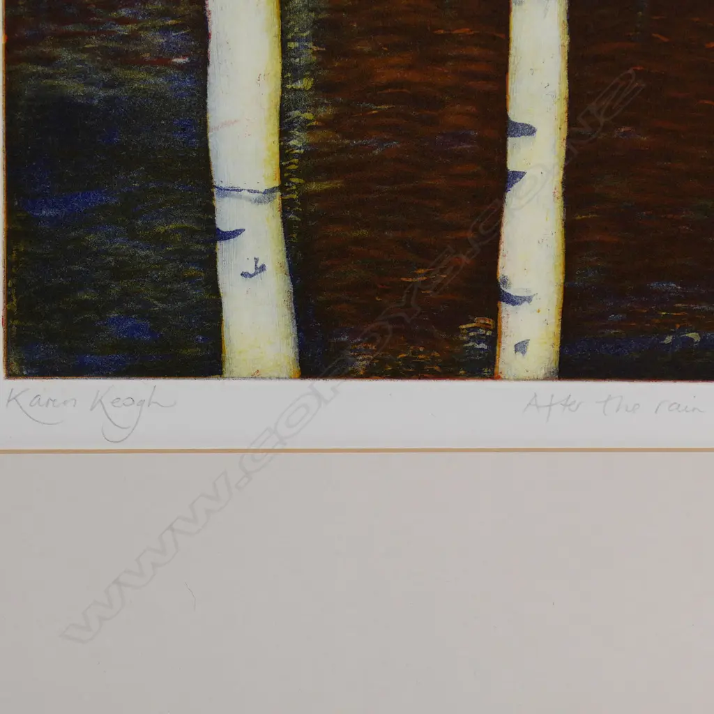 Two artworks: Karen Keogh, 'After the Rain Limited edition, 16/50, 430 x 310mm and Simon Fairess, 'Battersea Tear, ' acrylic on canvas Image 1++