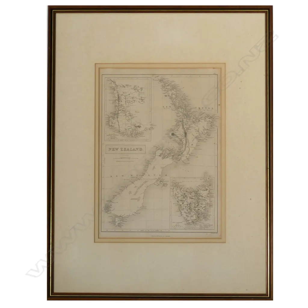 A mid-19thC map of New Zealand by W. Hughes 1843, with insets of 'The Settled Portion of Western Australia' and 'Van Diemens Land'. Scattered foxing. 370 x 270mm Image 1++