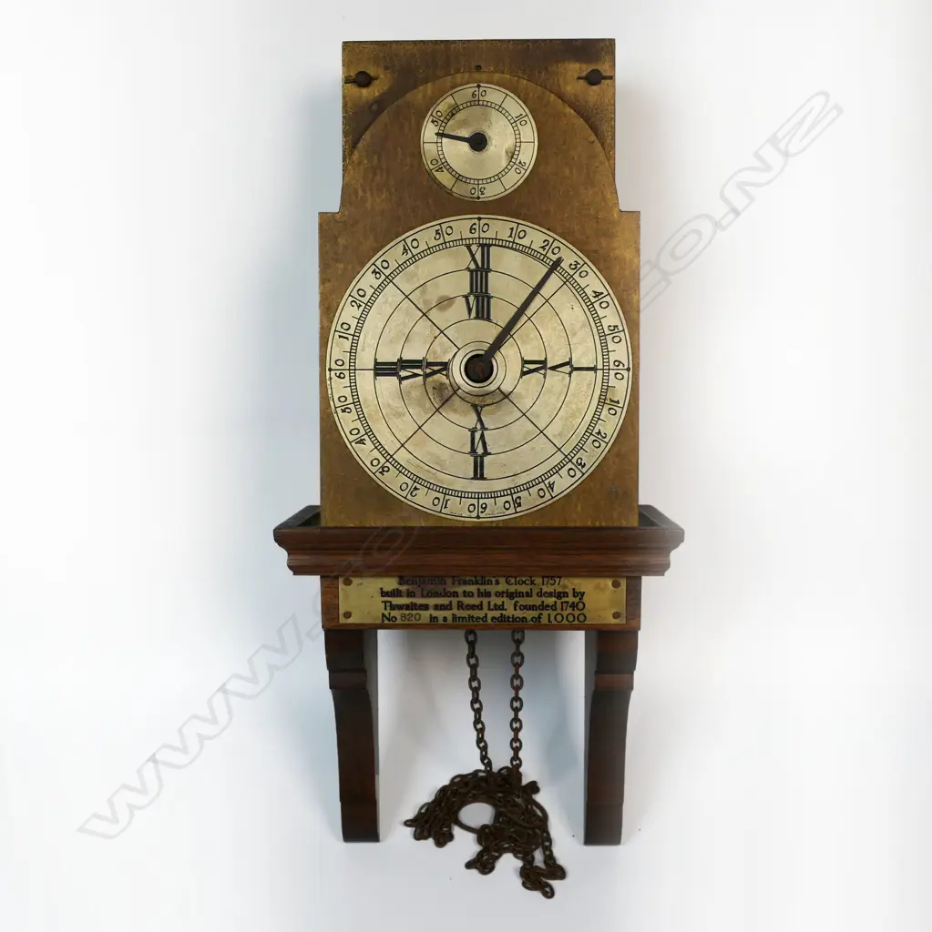 Copy of Benjamin Franklin's clock, plaque reads '...built in London to his original design... edition: 820/1000 Image 1++
