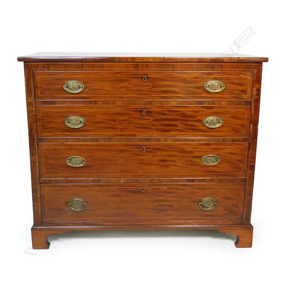 A Georgian mahogany four drawer flat front chest, decorative stringing detail, brass handles and backplates, raised on bracket feet. 1200 x 535 x 1015mm.