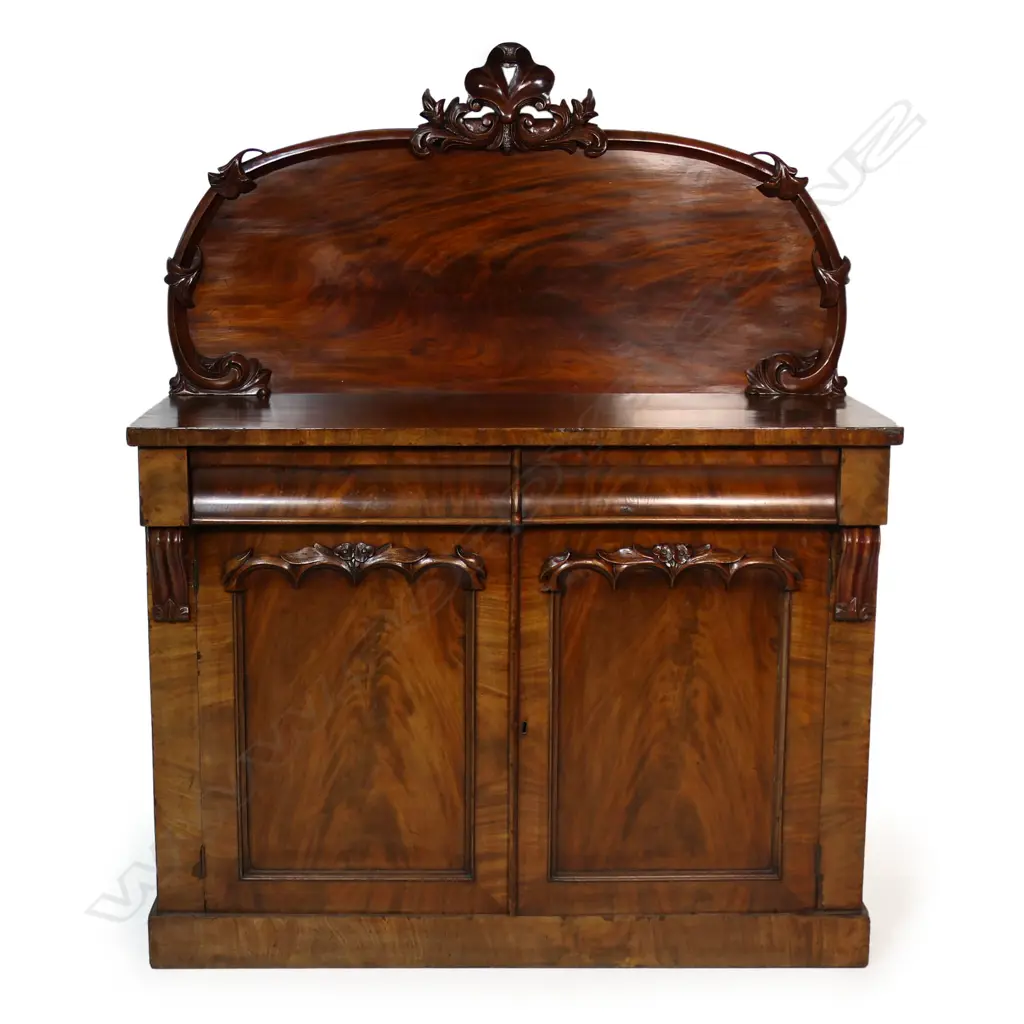 Victorian mahogany chiffonier sideboard, ornate carving to back and cupboards, 1200 x 450 x 1530mm Image 1++