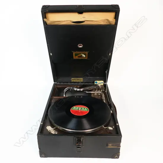 Harston's 'His Masters Voice' portable tabletop gramophone, 285 x 410 x 145mm