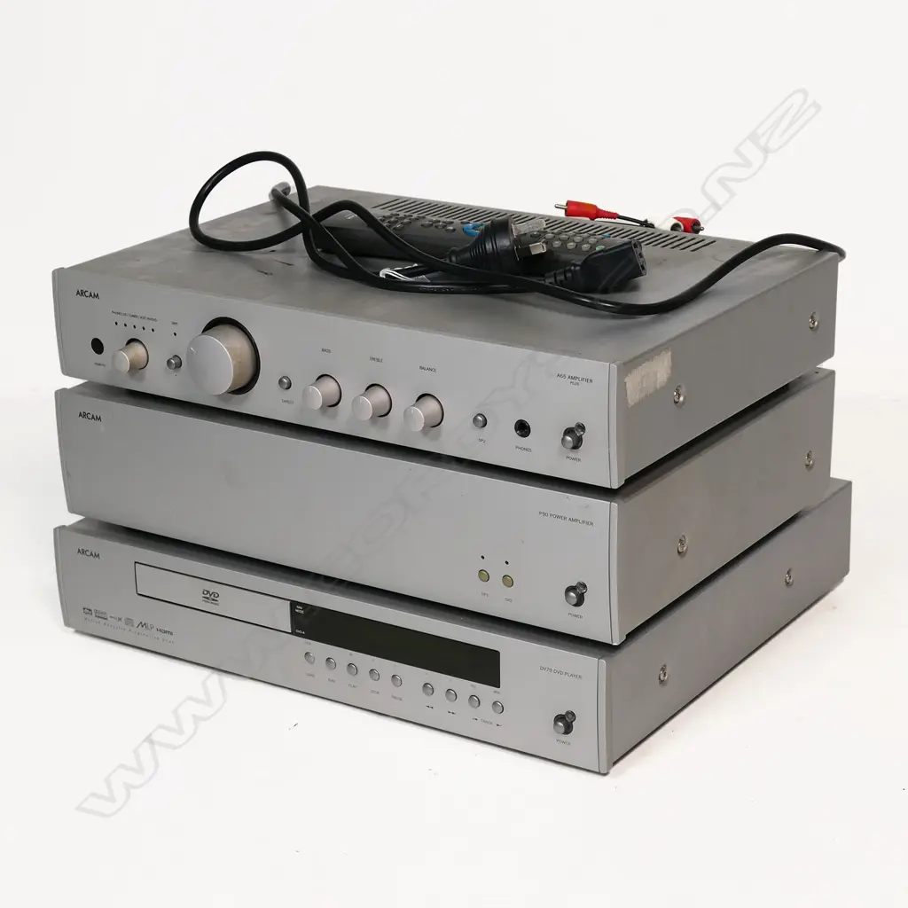 A set of three Arcam audio units: A65 amplifier plus P90 power amplifier & DV79 DVD player. One power - audio cable & remote. Largest size 435 x 290 x 95mm Image 1++