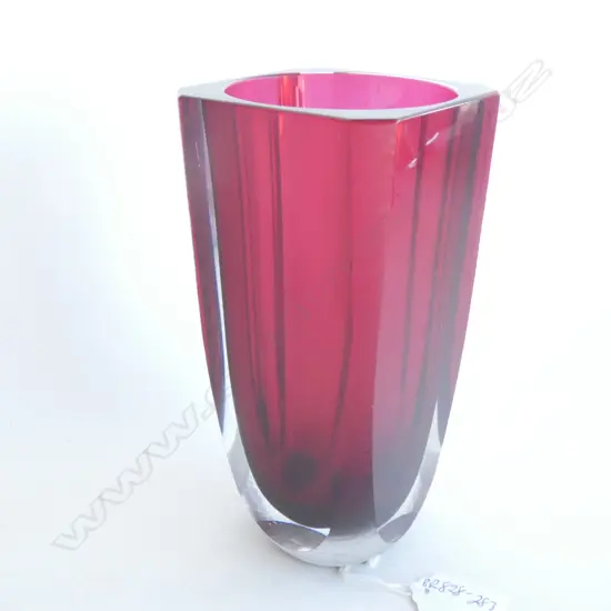 A mid century Val St Lambert art glass vase clear cased deep cerise sommerso,