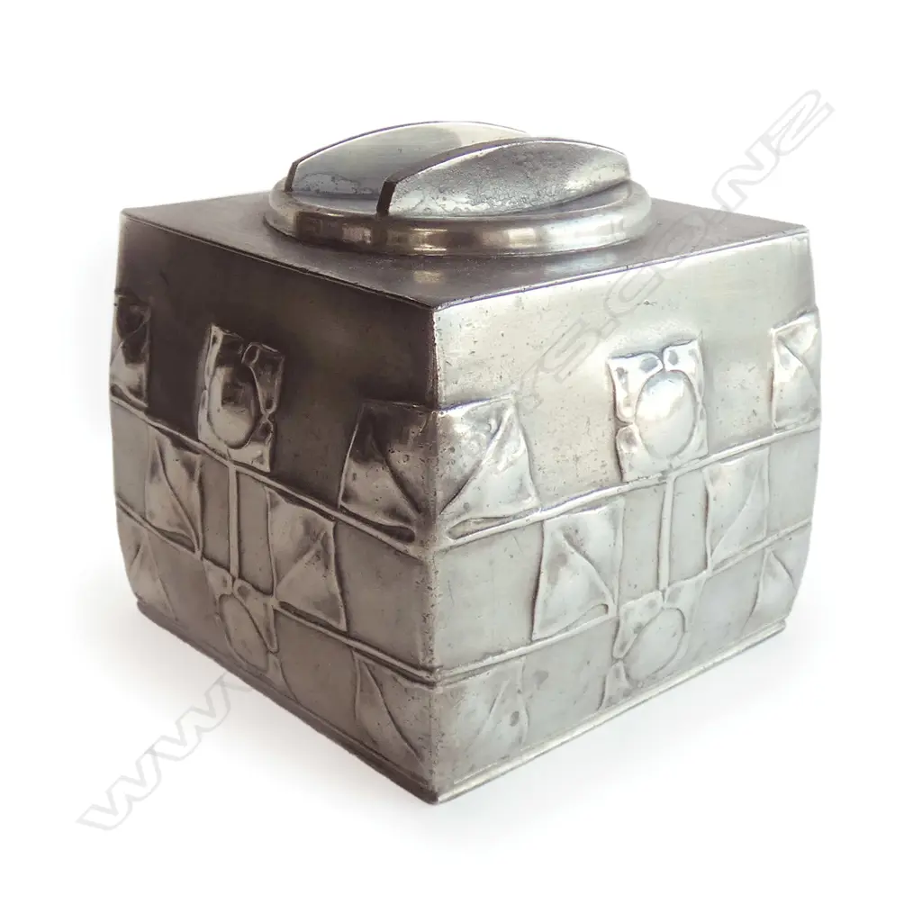 An English Pewter tea caddy or biscuit box designed by Archibald Knox Image 1++