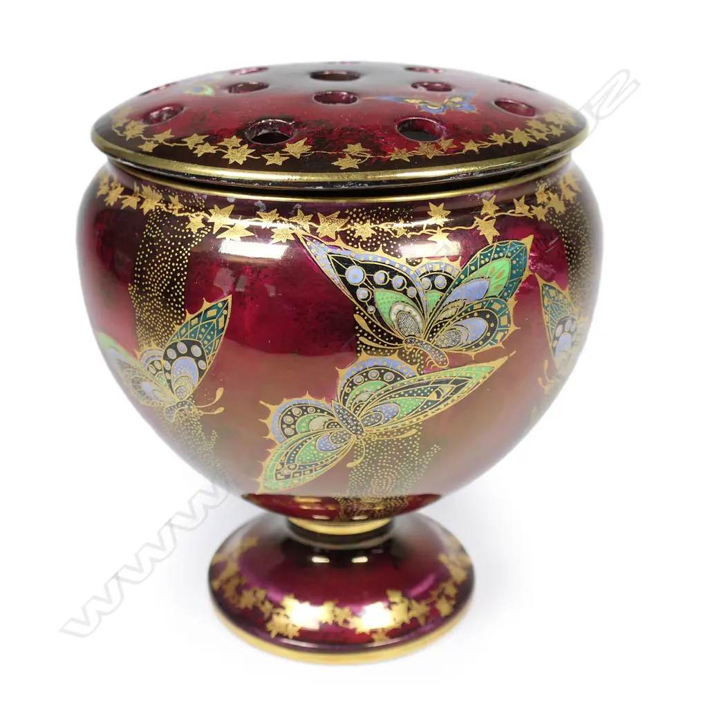 A Crown Devon 'Sylvan Lusterine' rose bowl with matched stem holder inset top Image 1++