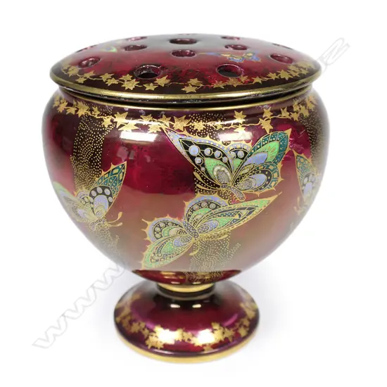 A Crown Devon 'Sylvan Lusterine' rose bowl with matched stem holder inset top