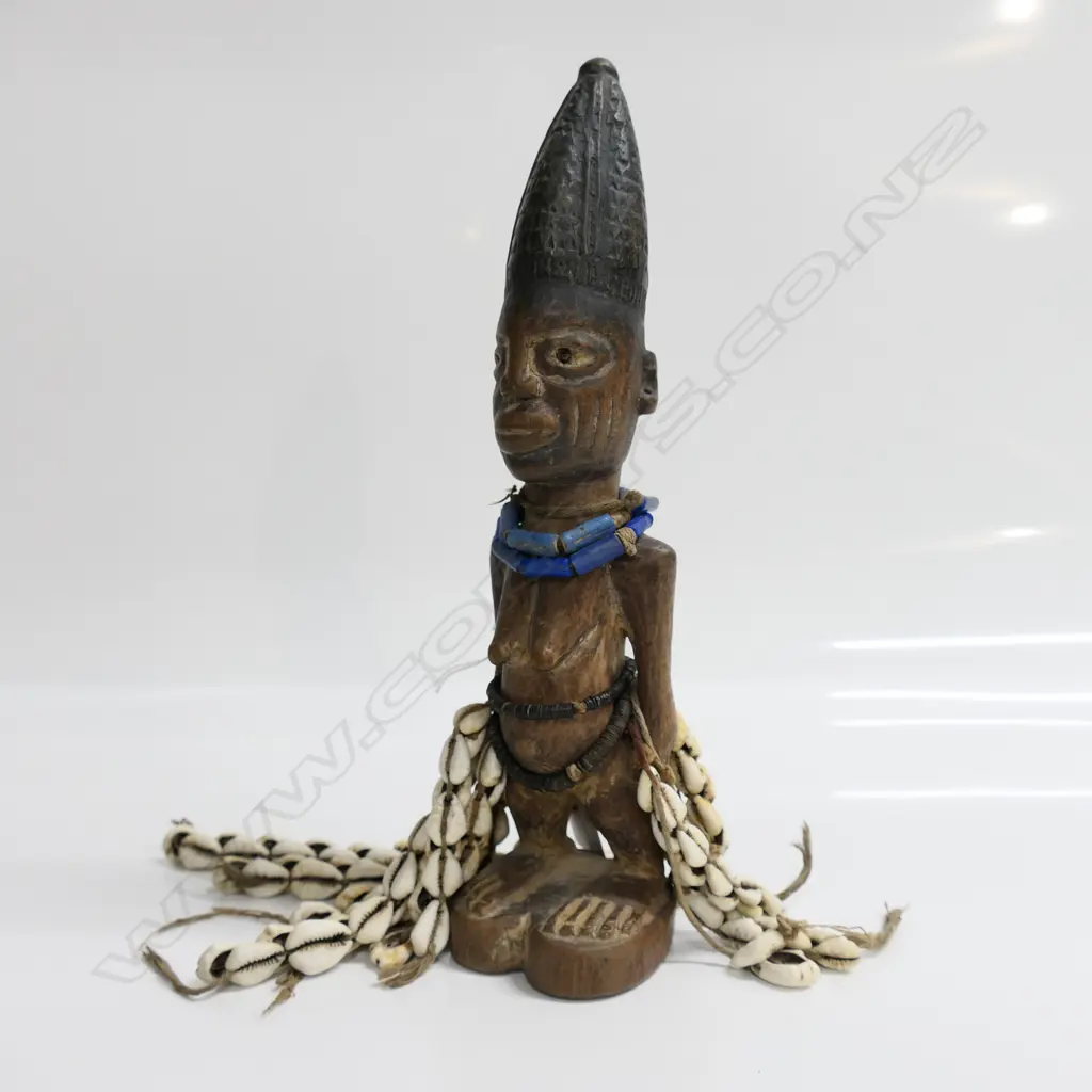 YORUBA BENIN ERE IBEJI WOOD FIGURE / DOLL w shells & beads, H.270mm. Image 1++