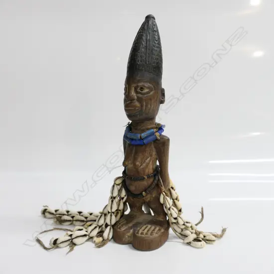 YORUBA BENIN ERE IBEJI WOOD FIGURE / DOLL w shells & beads, H.270mm.