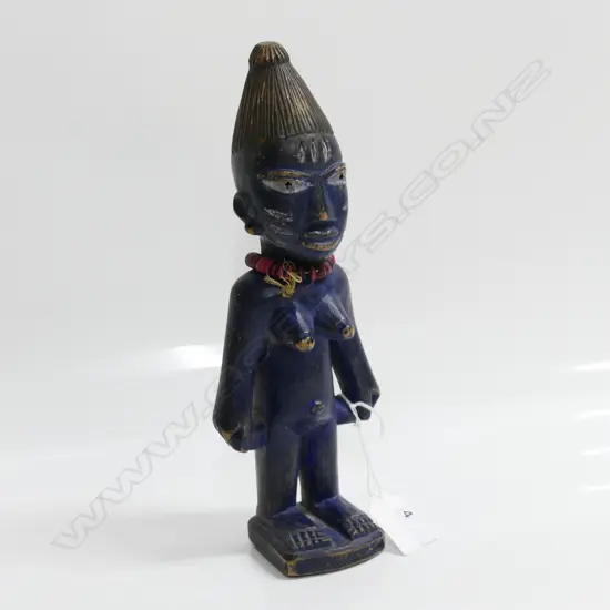 YORUBA BENIN ERE IBEJI WOOD CARVED FEMALE FIGURE with indigo & red & black disc necklace H.240mm
