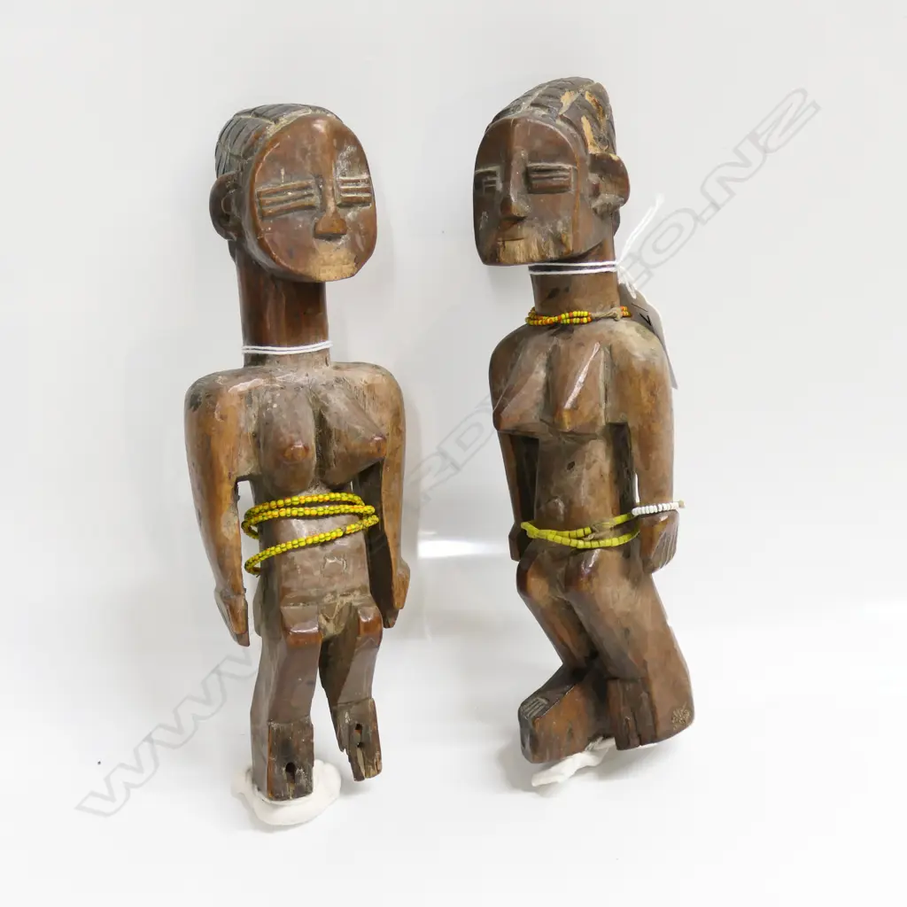 PR 'TWINS' YORUBA BENIN ERE IBEJI WOOD CARVED FIGURES with yellow beads. Some faults H.210mm Image 1++