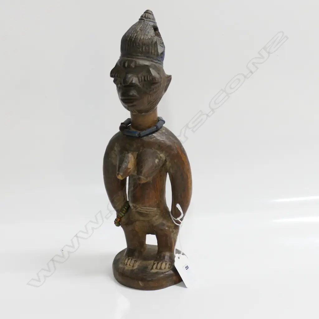 YORUBA BENIN ERE IBEJI WOOD CARVED FEMALE FIGURE with blue bead necklace + bracelet H.290mm Image 1++