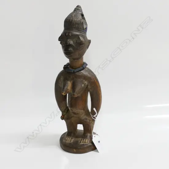 YORUBA BENIN ERE IBEJI WOOD CARVED FEMALE FIGURE with blue bead necklace + bracelet H.290mm