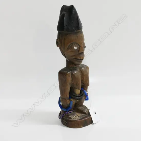 YORUBA BENIN ERE IBEJI WOOD CARVED FIGURE, blue & black & coloured glass bead necklace & bracelets, Nail eyes, H.250mm