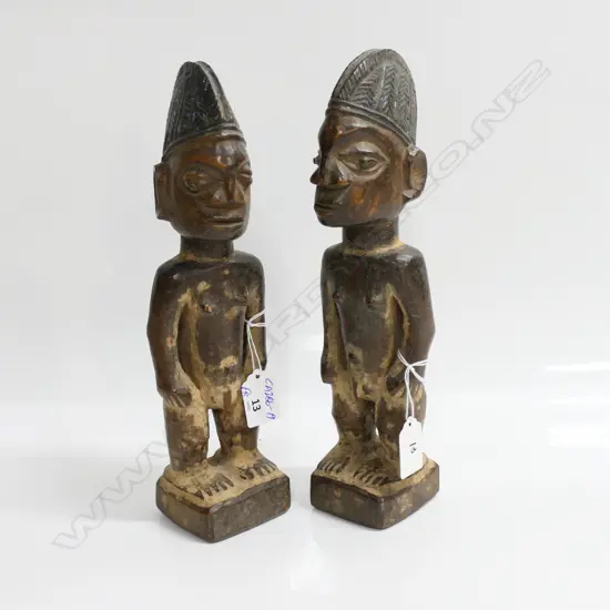 PR 'TWINS' YORUBA BENIN ERE IBEJI WOOD CARVED MALE FIGURES indigo headdress H.290mm