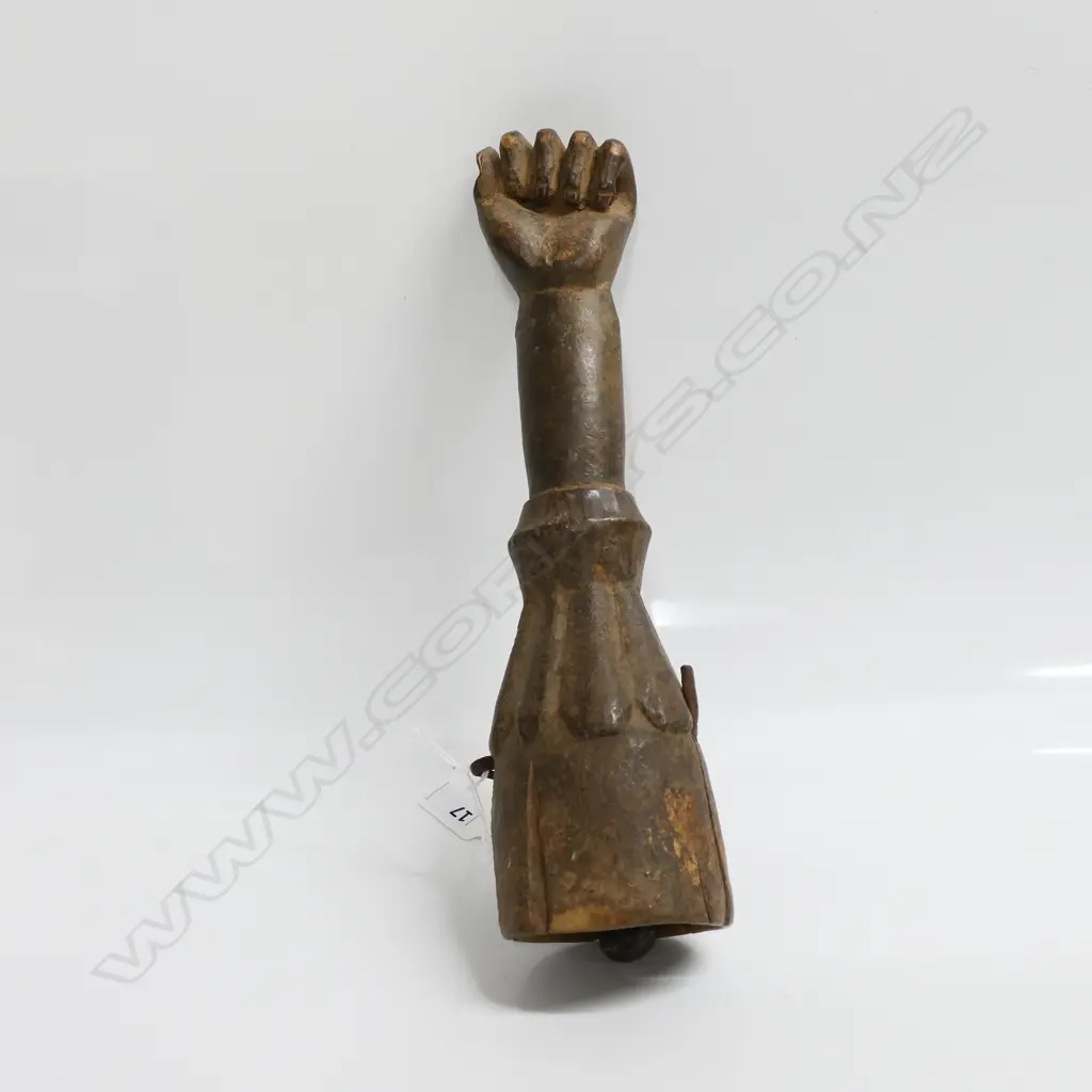 YORUBA BENIN ERE IBEJI WOOD CARVED BELL with HAND END. Iron clapper & fitting. H.270mm. small loss to thumb Image 1++