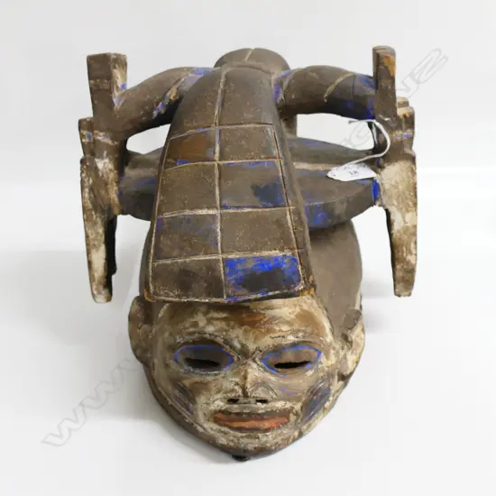 AFRICAN YORUBA CARVED WOOD MASK, with indigo, H.250mm