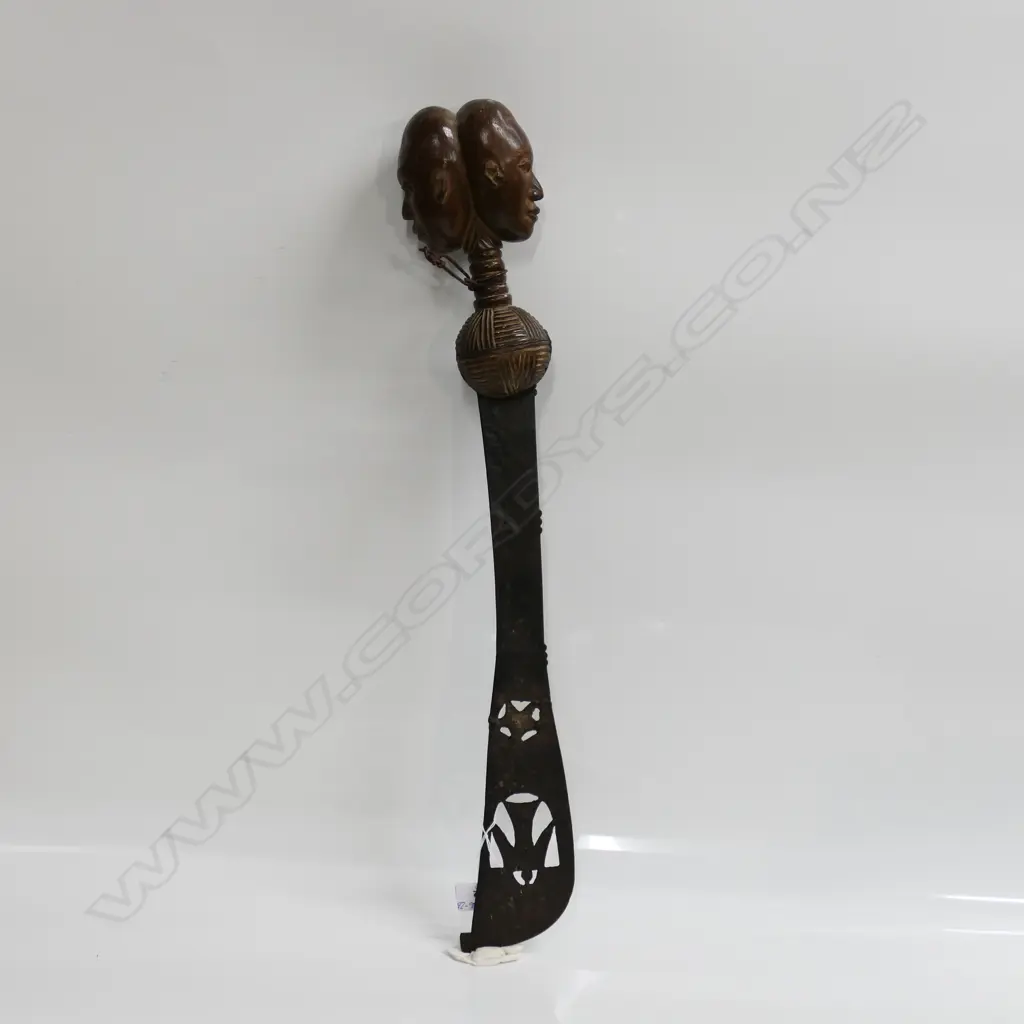 GHANA WEST AFRICAN LGE KNIFE handle with back to back double head forms. Bird & star pierced blade. L.630mm. Image 1++