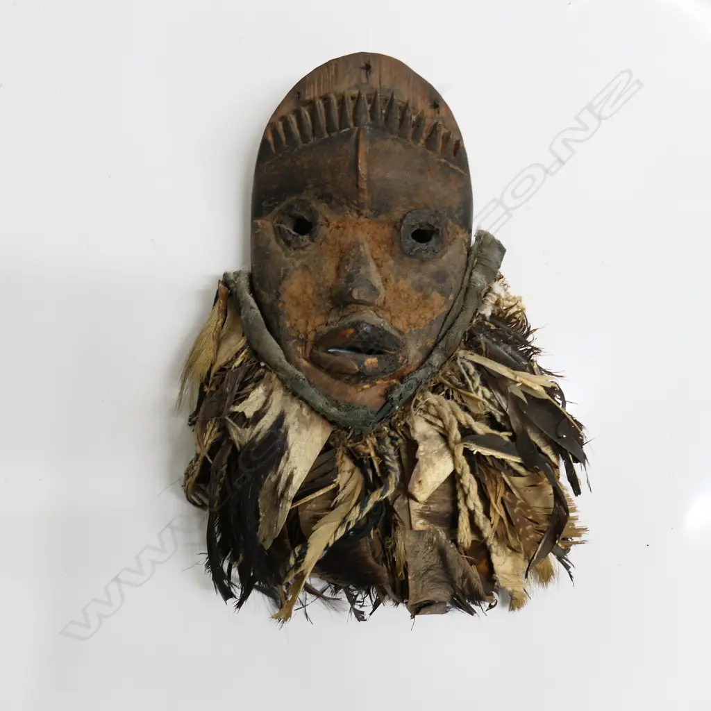 AFRICAN GHANA CARVED WOOD MASK with feather & fur skin 'beard'. L.300mm approx. Image 1++