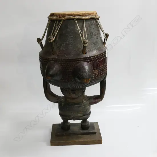 AFRICAN ASHANTI CARVED WOOD DRUM WITH FIGURAL BASE, H.700mm.