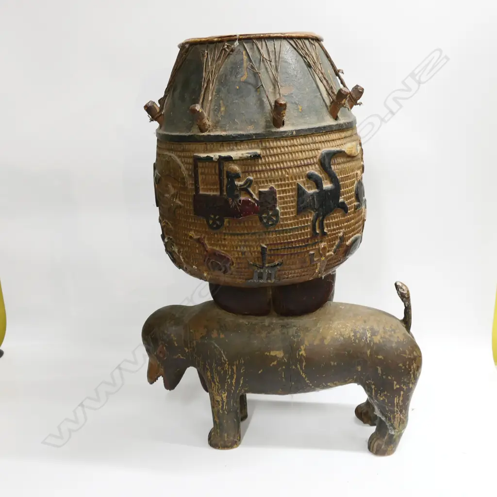 AFRICAN ASHANTI CARVED WOOD DRUM WITH MAN ON PIG, H.740mm. Image 1++