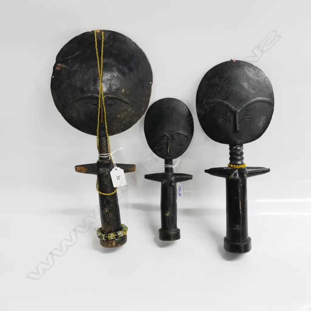 3 X AFRICAN ASHANTI GHANA CARVED WOOD AKUABA FERTILITY DOLLS. Tallest 390mm. With strung glass beads millefiori etc Image 1++