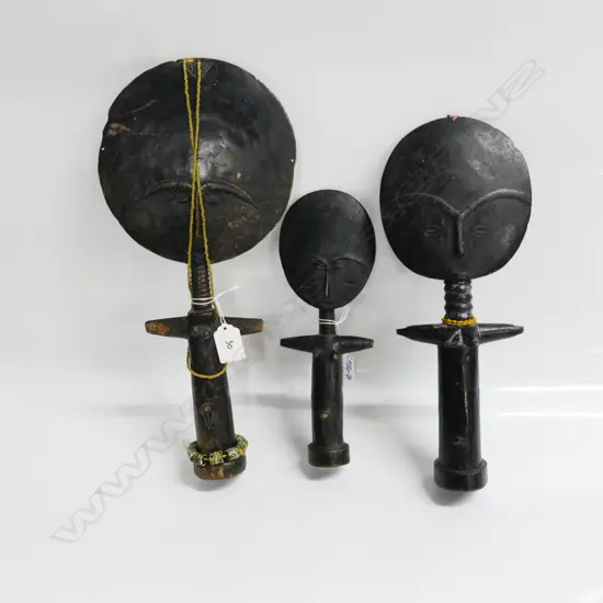 3 X AFRICAN ASHANTI GHANA CARVED WOOD AKUABA FERTILITY DOLLS. Tallest 390mm. With strung glass beads millefiori etc