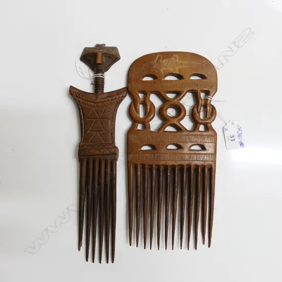 2 AFRICAN ASHANTI GHANA CARVED WOOD COMBS: 1 stylised female form (L.275mm) & ONE OTHER