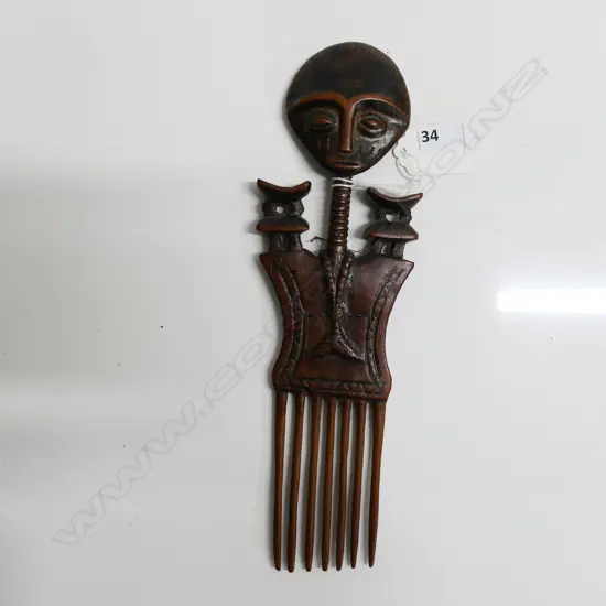 AFRICAN ASHANTI GHANA CARVED WOOD COMB, stylised female fertility form, L.260mm