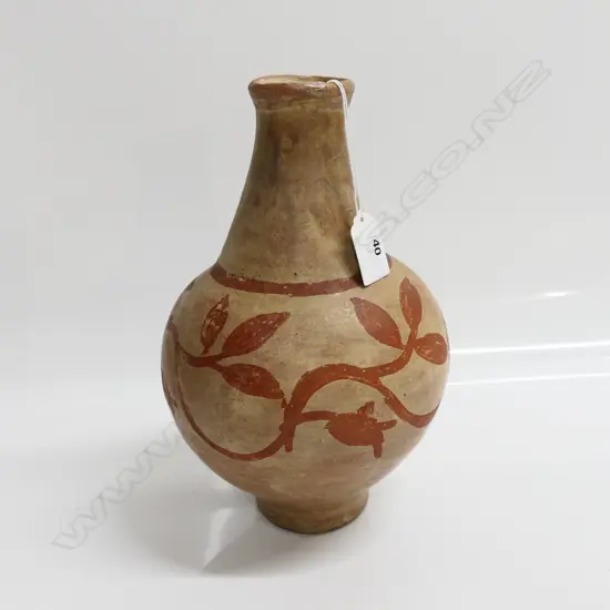 ANCIENT ? INCA? STYLE TERRACOTTA VASE red brush painted swirling vine design H.255mm.