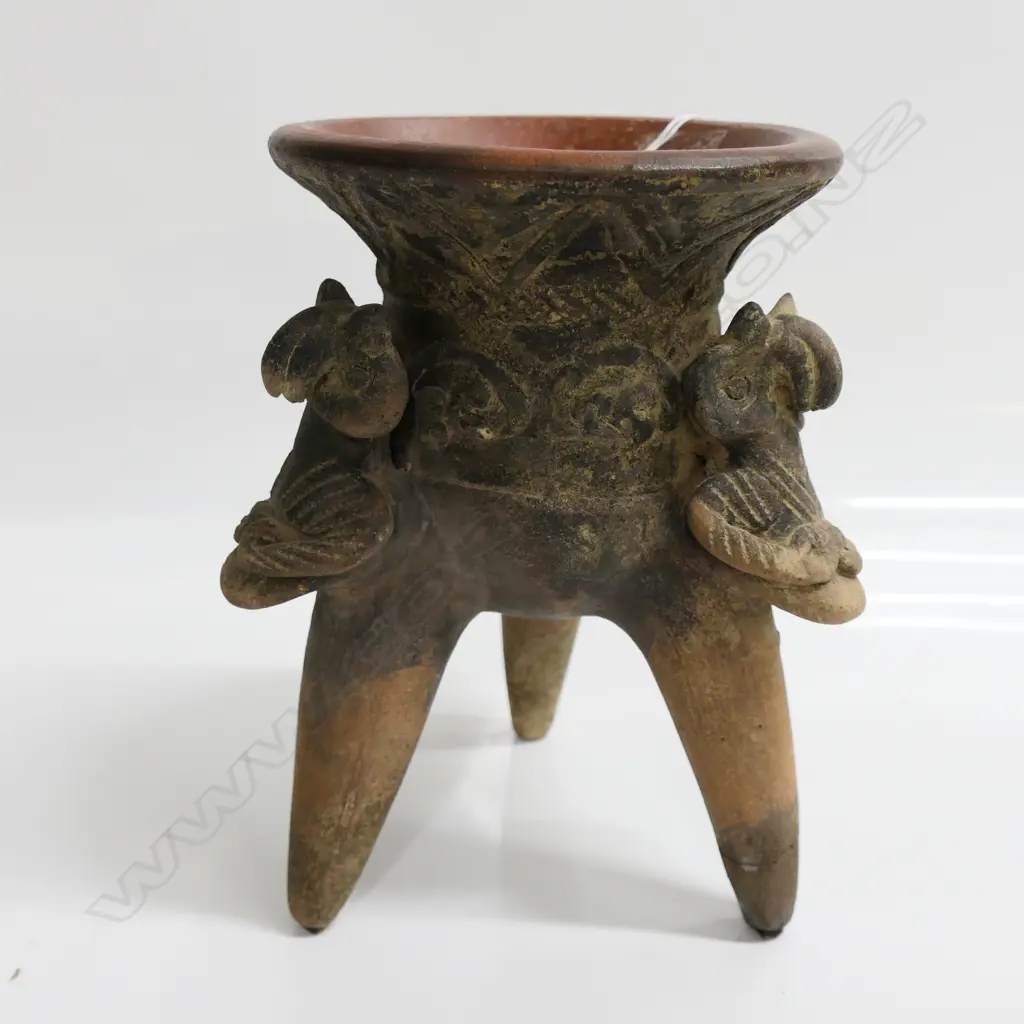 PRE-COLUMBIAN ? terracotta POTTERY 3 LEGGED VESSEL with animal/bird headed sculpted figures. H.195mm. Image 1++