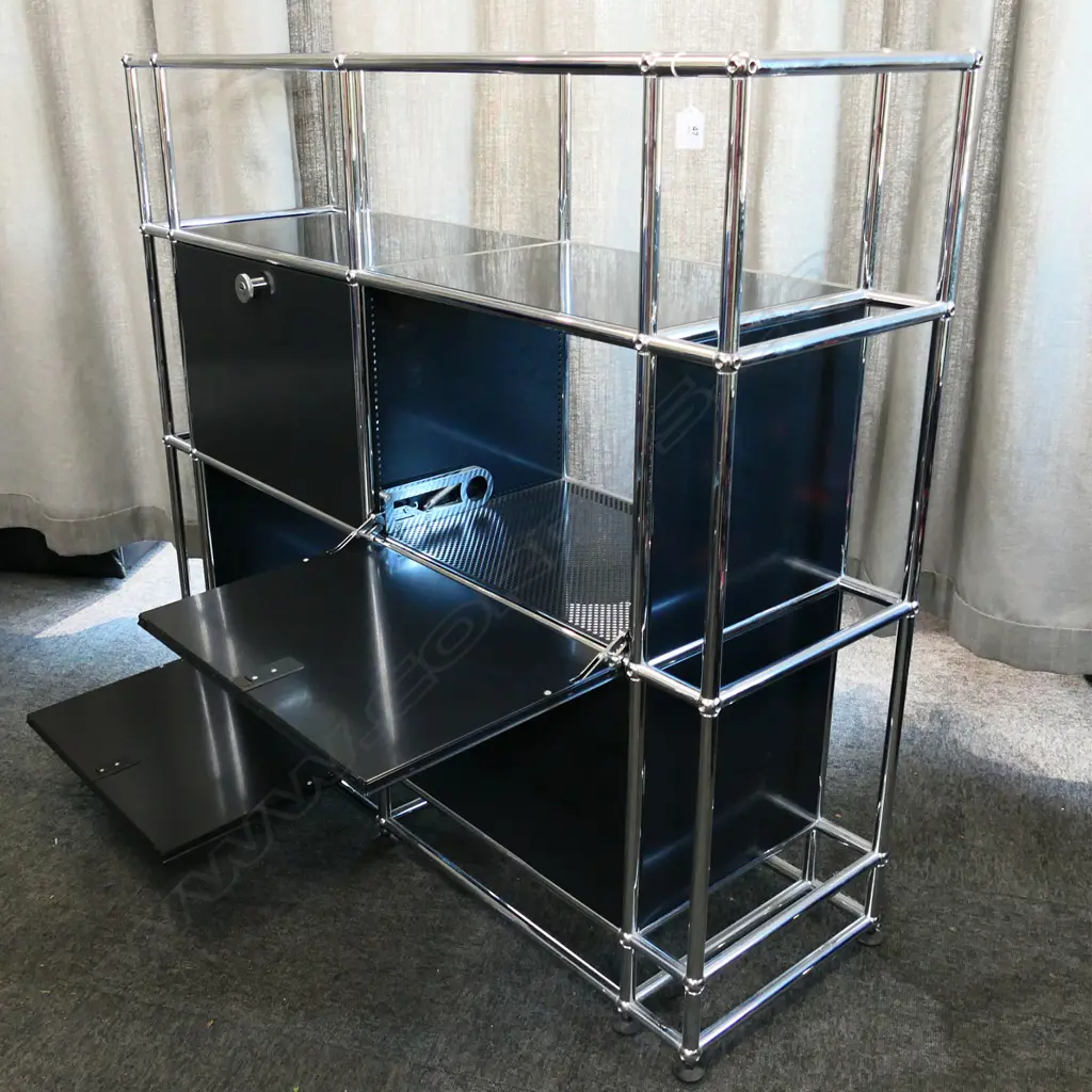 AUTHENTIC USM HALLER CHROME & BLACKENED STEEL 4 DOOR CABINET, modular unit base& side bars, 1220 x 370 x 1095mm Image 1++