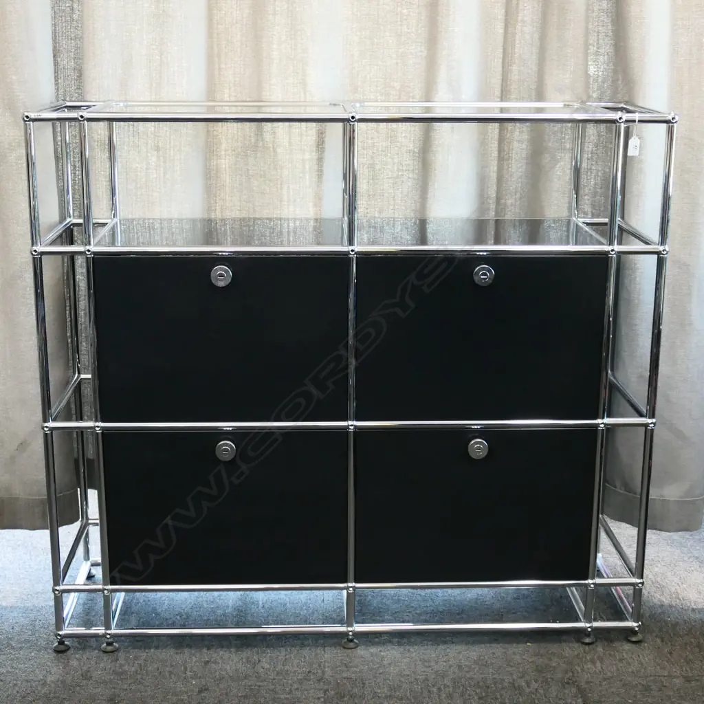 AUTHENTIC USM HALLER CHROME & BLACKENED STEEL 4 DOOR CABINET, modular unit base& side bars, 1220 x 370 x 1095mm Image 1++