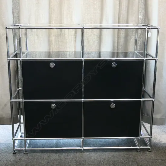 AUTHENTIC USM HALLER CHROME & BLACKENED STEEL 4 DOOR CABINET, modular unit base& side bars, 1220 x 370 x 1095mm