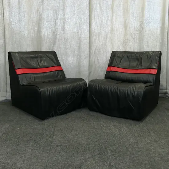 PR de Sede OF SWITZERLAND BLACK & RED LEATHER DESIGNER LOUNGE CHAIRS. 740 x 800 x 770mm.
