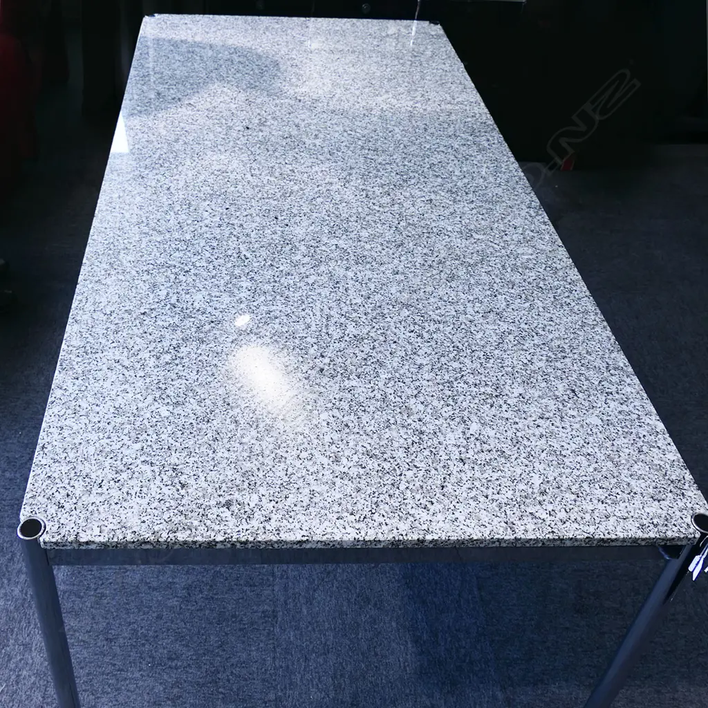 USM HALLER (Swiss) T69 MODERNIST GREY FLECKED MARBLE & CHROME FRAMED DINING TABLE. 2010 x 1000 x 740mm. Image 1++