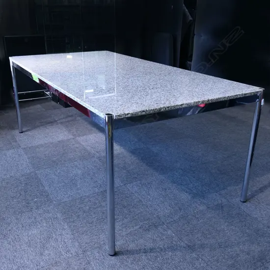 USM HALLER (Swiss) T69 MODERNIST GREY FLECKED MARBLE & CHROME FRAMED DINING TABLE. 2010 x 1000 x 740mm.