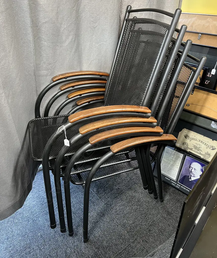 SET OF 4 METAL OUTDOOR CHAIRS wooden arms & loose squab cushions, 600 x 500 x 1000mm Image 1++