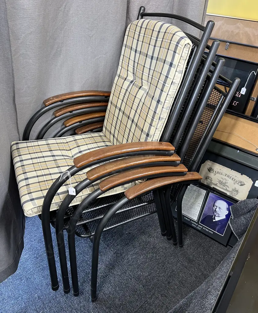 SET OF 4 METAL OUTDOOR CHAIRS wooden arms & loose squab cushions, 600 x 500 x 1000mm Image 1++