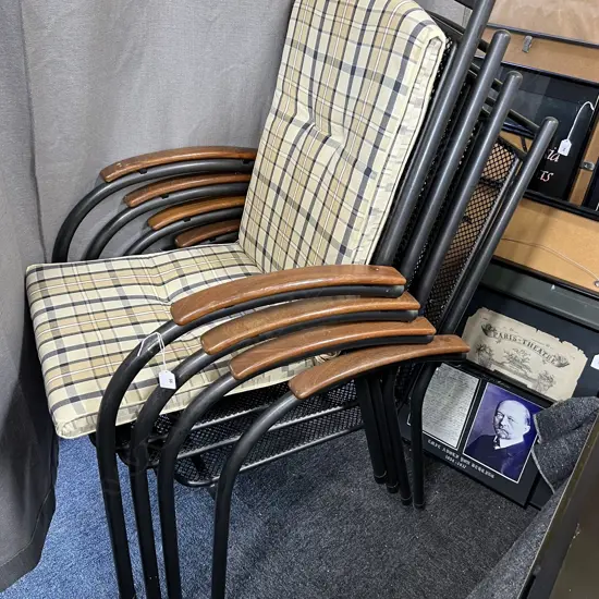 SET OF 4 METAL OUTDOOR CHAIRS wooden arms & loose squab cushions, 600 x 500 x 1000mm