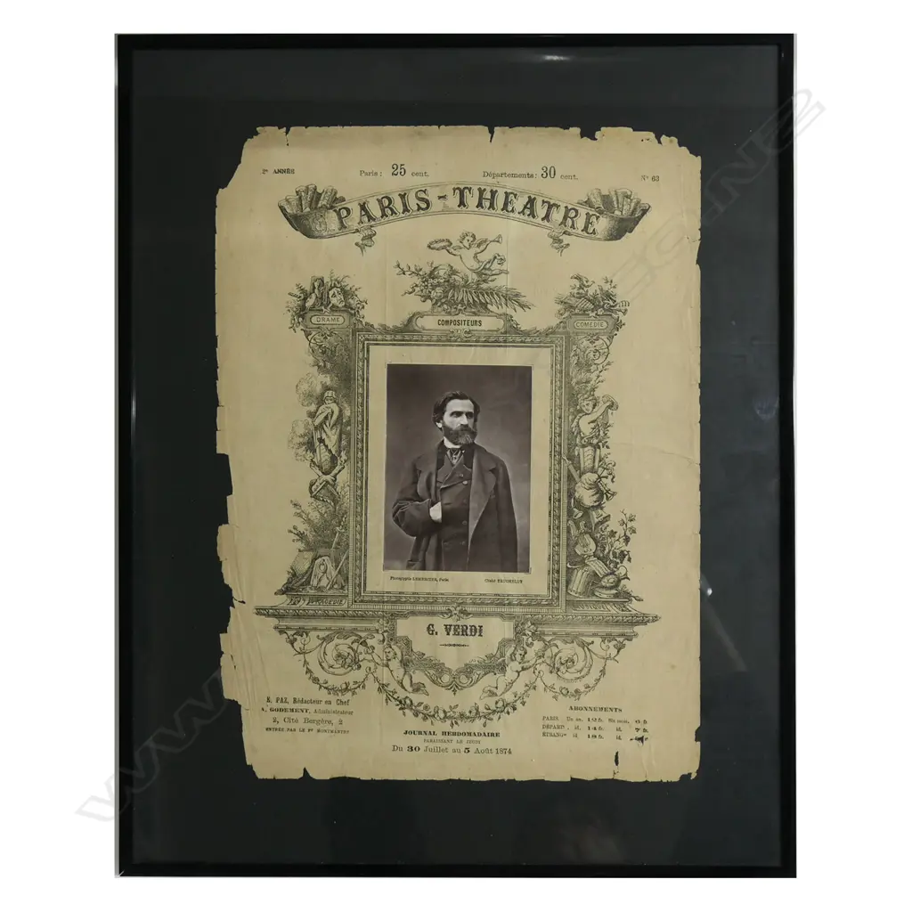 1874 'PARIS - THEATRE' G. VERDI COVER PAGE/POSTER SHEET, FRAMED, 390 x 290mm. Framed 500 x 400mm Image 1++