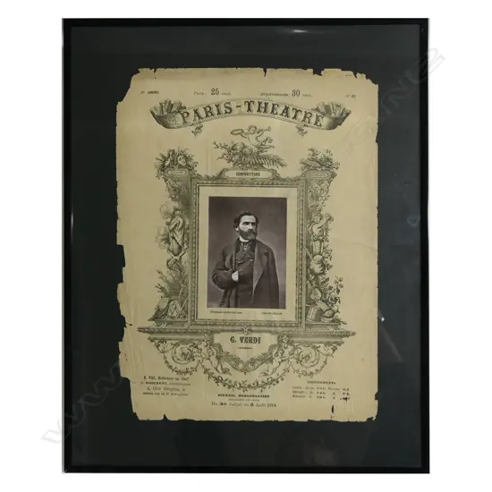 1874 'PARIS - THEATRE' G. VERDI COVER PAGE/POSTER SHEET, FRAMED, 390 x 290mm. Framed 500 x 400mm