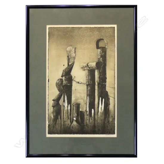 Jan A. Wieringa (1919-1994) Dutch surrealist etching untitled pole forms 410 x 250mm
