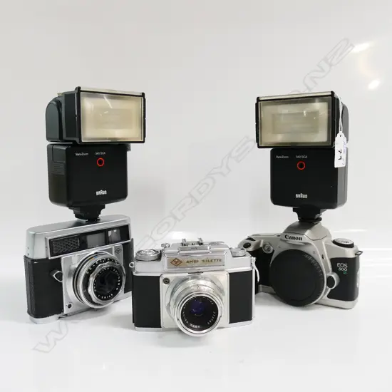 3 VINTAGE FILM CAMERAS: AGFA SELECTA M 35mm +AMBI SILETTE + CANON EOS 500. 2 W BRAUN FLASH UNITS