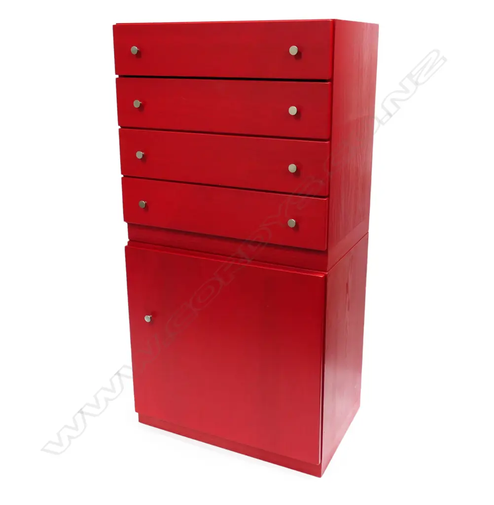 RED STORAGE CHEST 4 DRAWERS OVER CUPBOARD, 600 x 400 x 1190mm Image 1++
