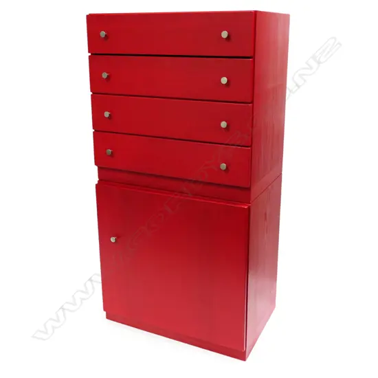 RED STORAGE CHEST 4 DRAWERS OVER CUPBOARD, 600 x 400 x 1190mm