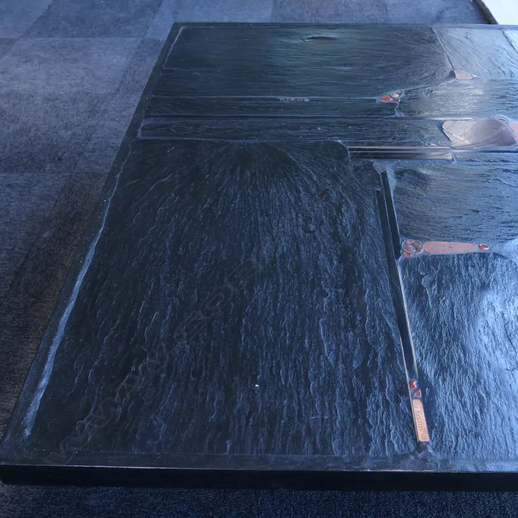 c.1970 PAUL KINGMA (DESIGNER) BLACK SLATE & GEM SET LG COFFEE TABLE, 1200 x 1200 x 380mm Image 1++