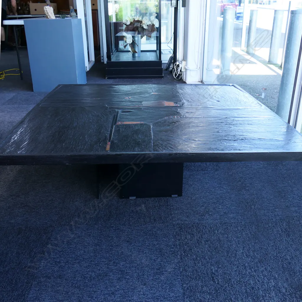 c.1970 PAUL KINGMA (DESIGNER) BLACK SLATE & GEM SET LG COFFEE TABLE, 1200 x 1200 x 380mm Image 1++