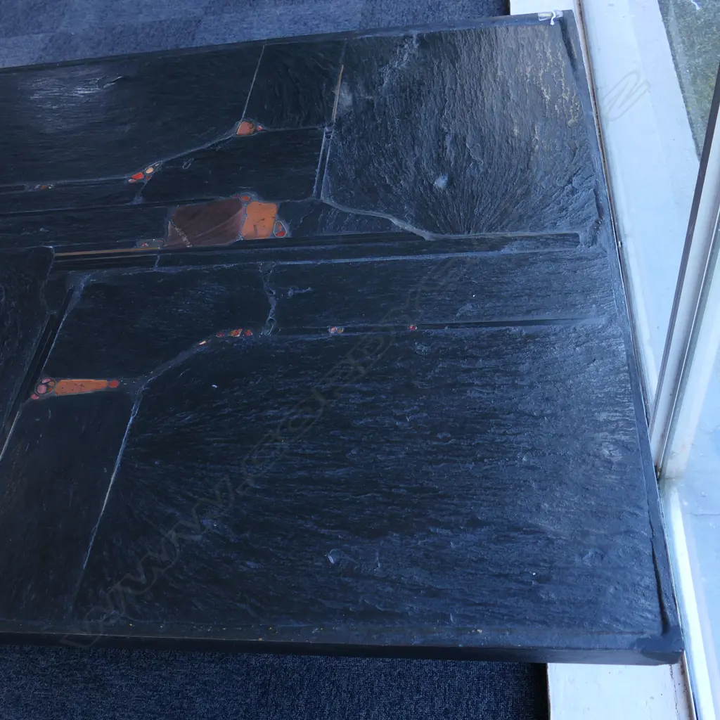 c.1970 PAUL KINGMA (DESIGNER) BLACK SLATE & GEM SET LG COFFEE TABLE, 1200 x 1200 x 380mm Image 1++