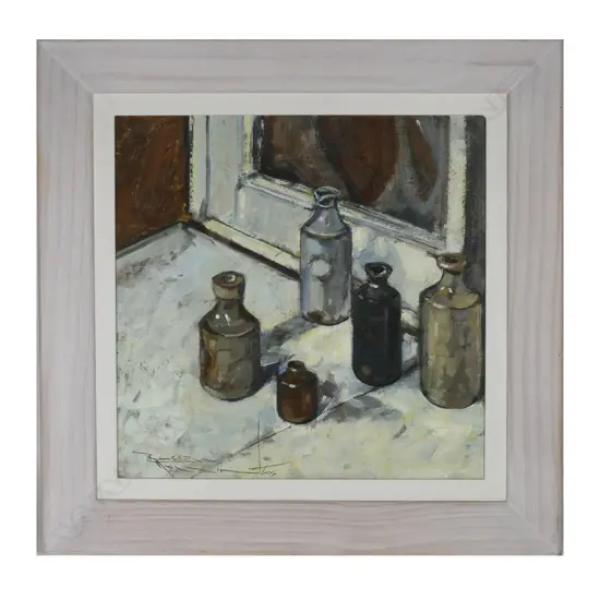 Russell Hollings ‘Ink Bottles’ oil on board, signed and dated 2014.